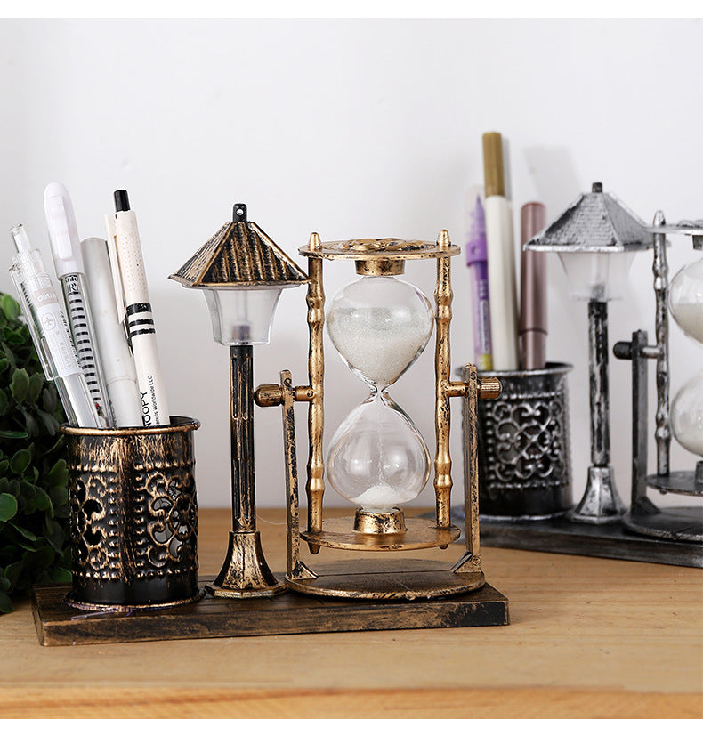 Multi-Ourpose Night Light Pen Holders Ornaments Retro Sandglass Pen Holder Case Office Home Desk Stationery Organizer Decoration